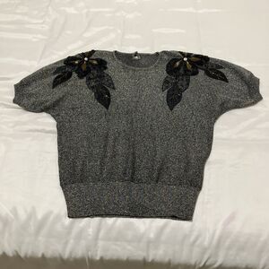 Vintage 80s Beaded Sweater Iridescent Floral Embroidered Party Dolman Sleeve